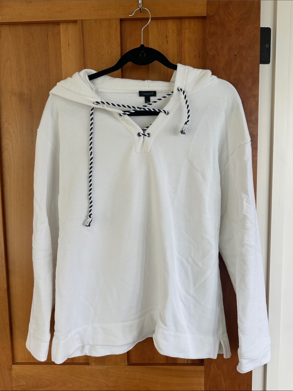 Talbots White Hooded Lace-Up Pullover with Striped Drawcords